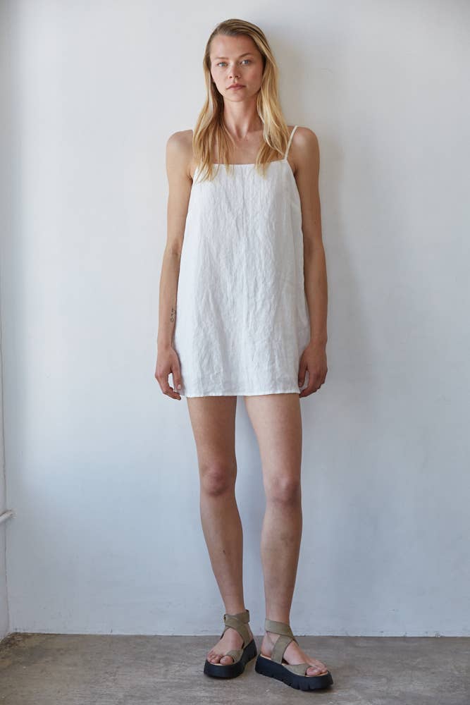 organic linen square neck mini dress product info and reviews Linen Blend Square-Neck Mini Dress