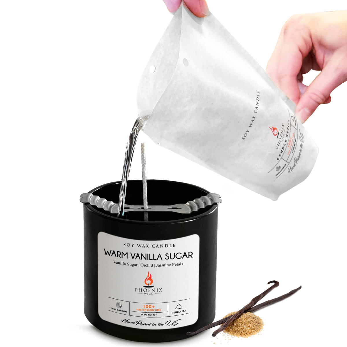 Pouring soy wax into a jar with a Candle Bar at Home candle-making kit