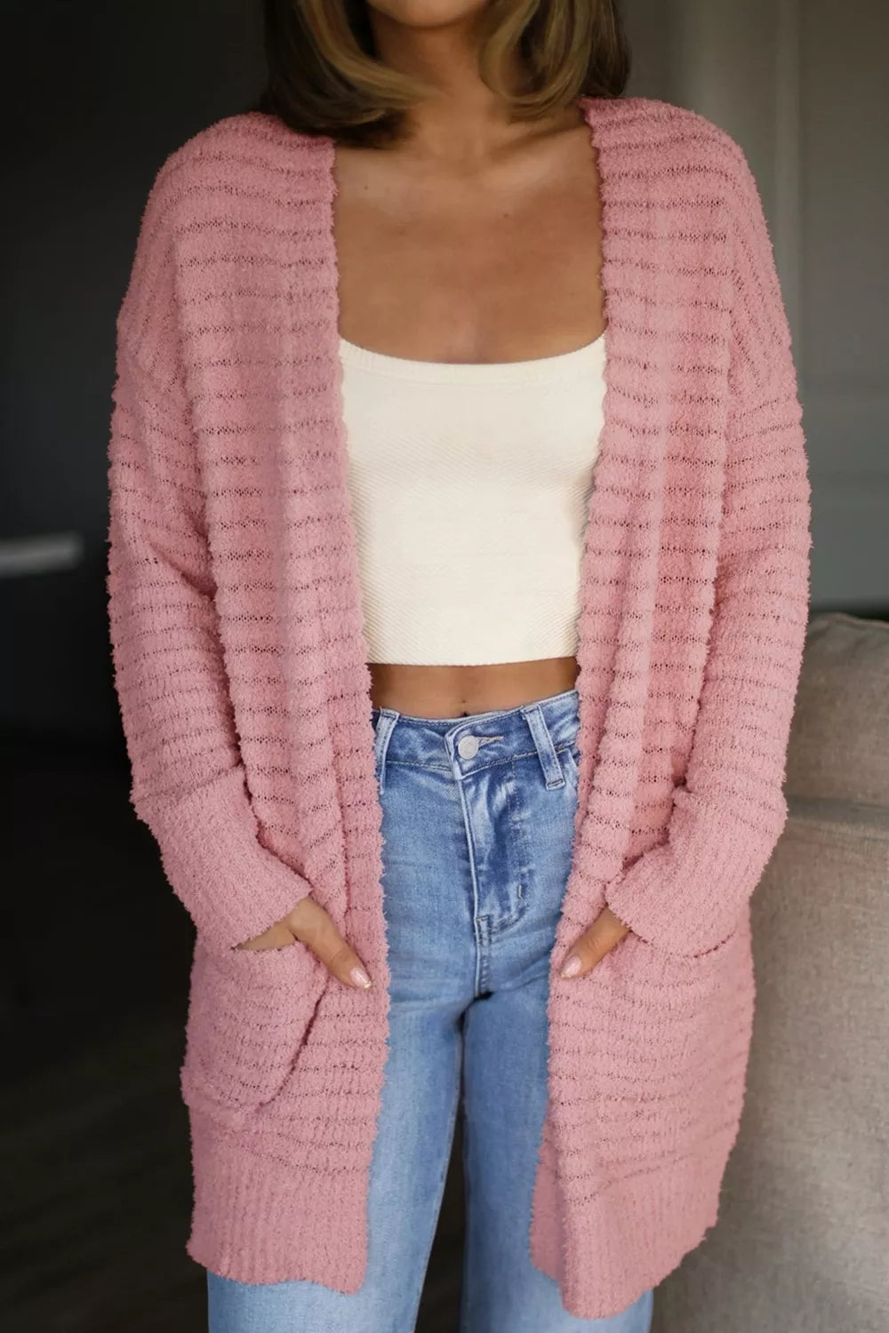 Open Front Soft Fuzzy Ribbed Sweater Cardigan by SYNZ