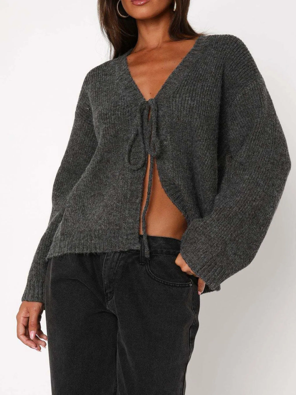 Open Front Tied Sweater Cardigan by Breezy Cloth