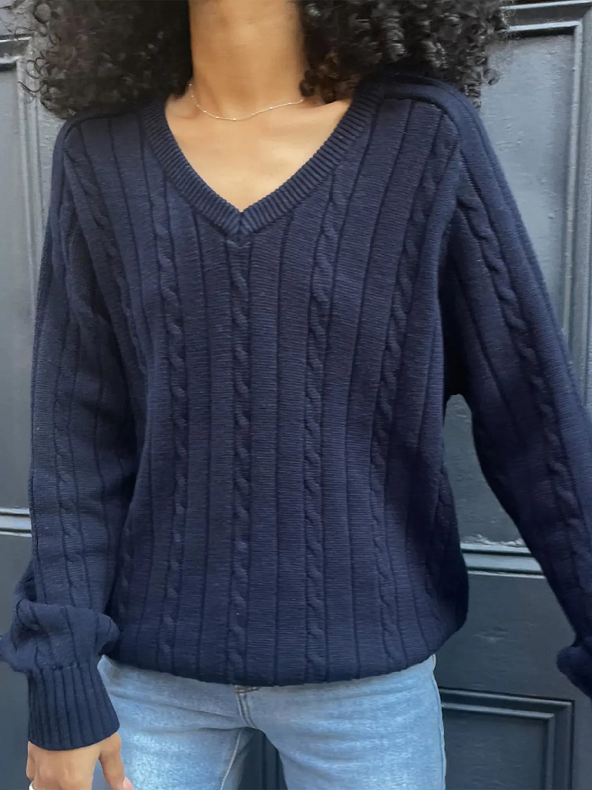Cable Knit V-Neck Pullover Sweater by Devine – view 4