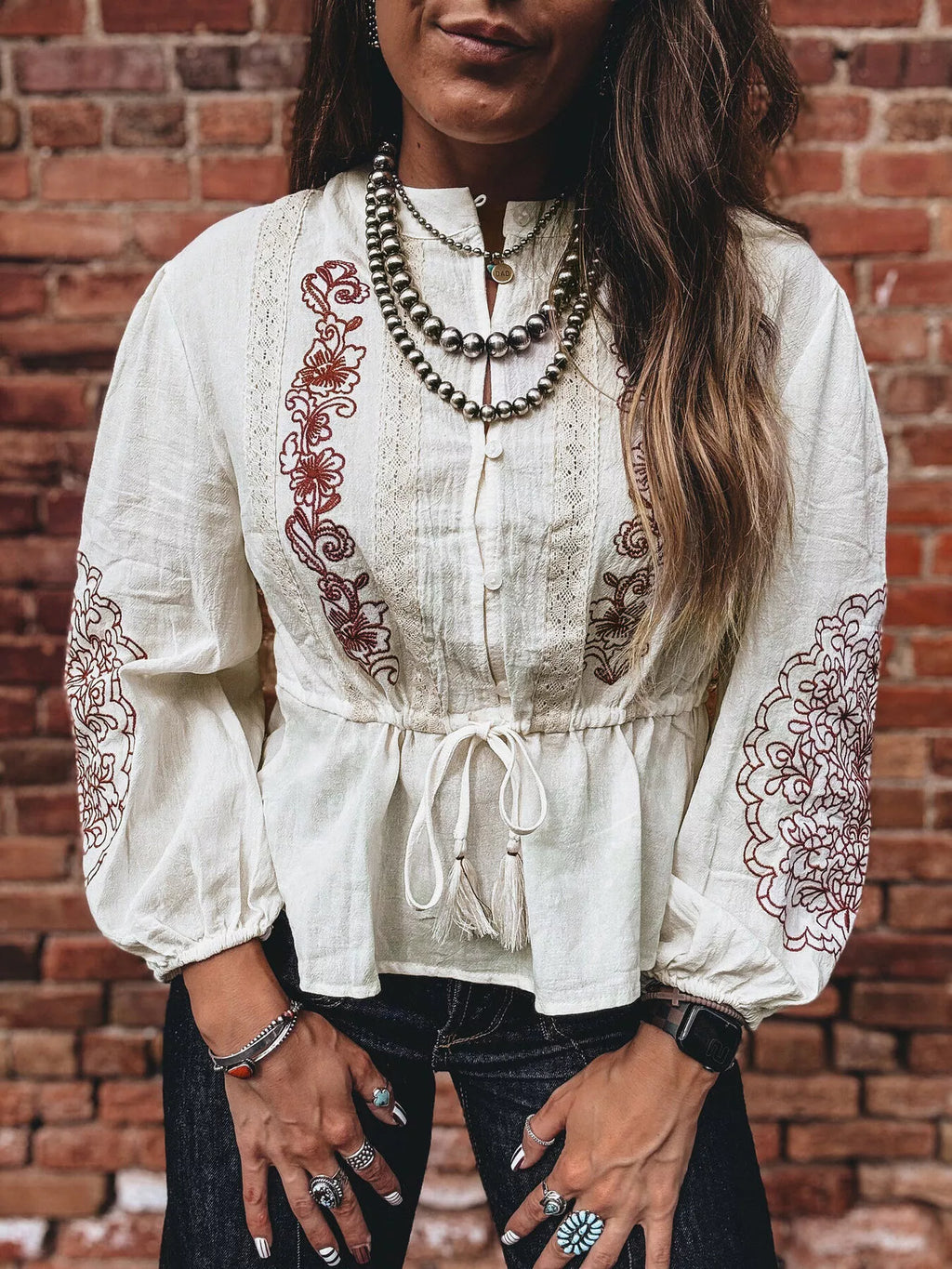 Embroidered Drawstring Waist Blouse by Ease Mee