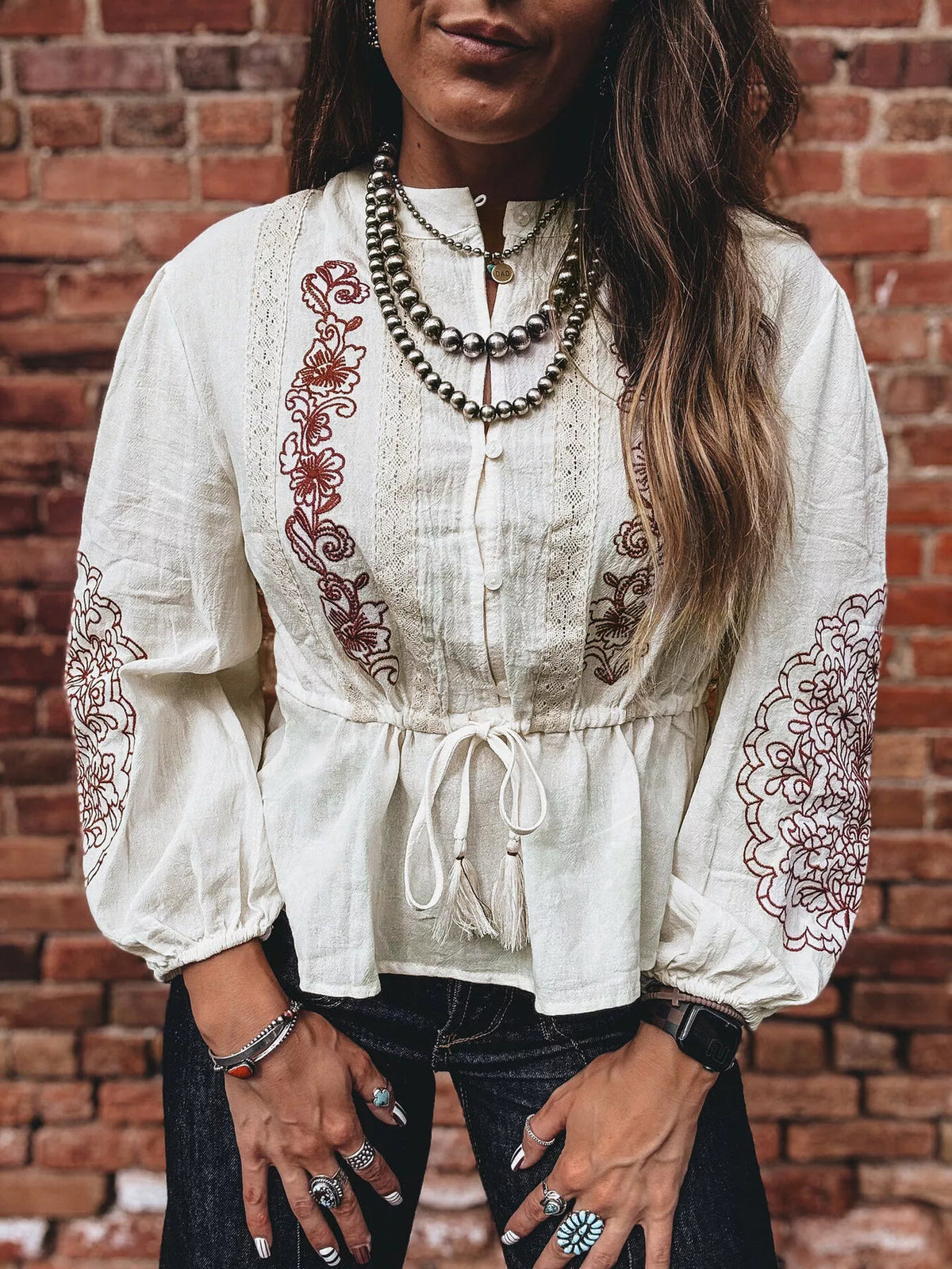 Embroidered Drawstring Waist Blouse by Ease Mee