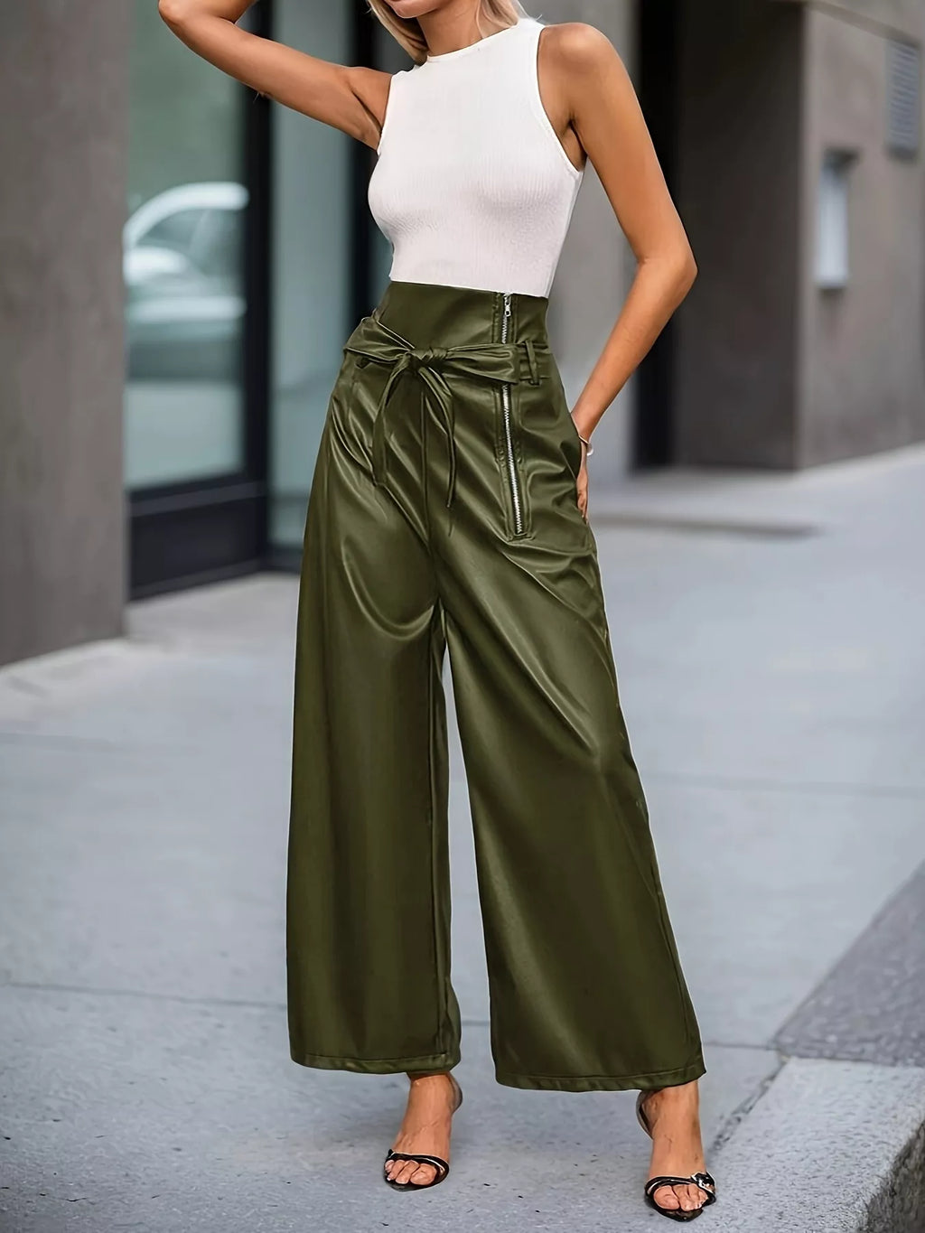 High-Waisted Faux Leather Wide-Leg Pants with Tie-Waist and Zipper Detail by Hypea