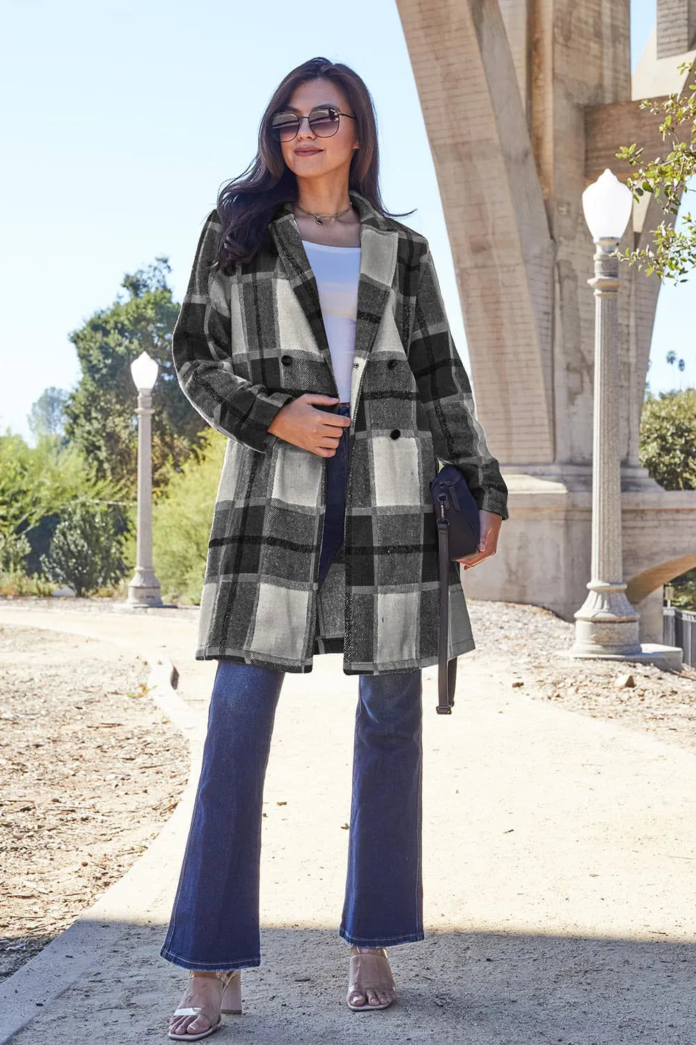 Double Take Full Size Plaid Button Up Lapel Collar Coat – view 20