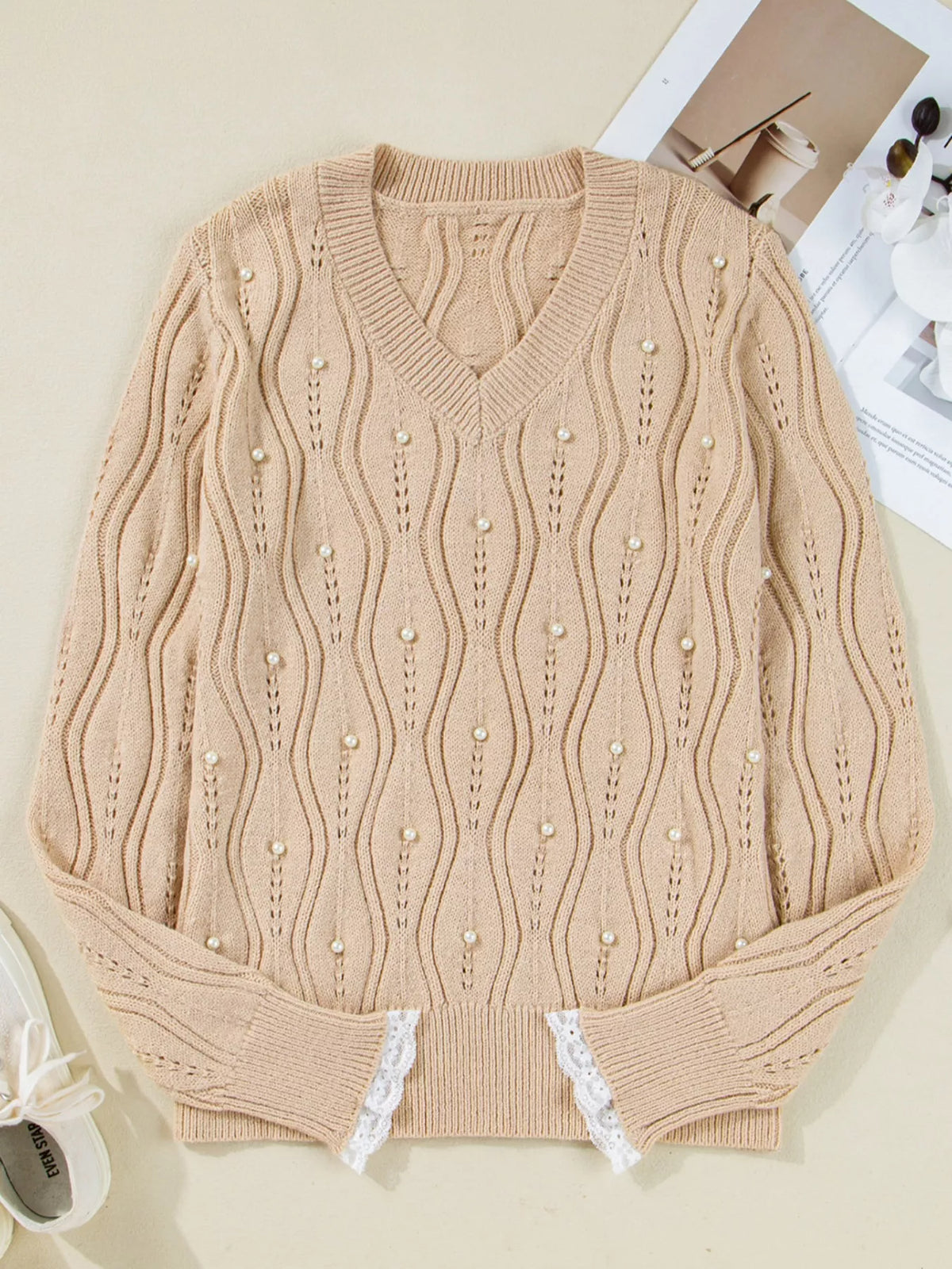 Pearl-Embellished V-Neck Pullover Sweater by SYNZ – view 11