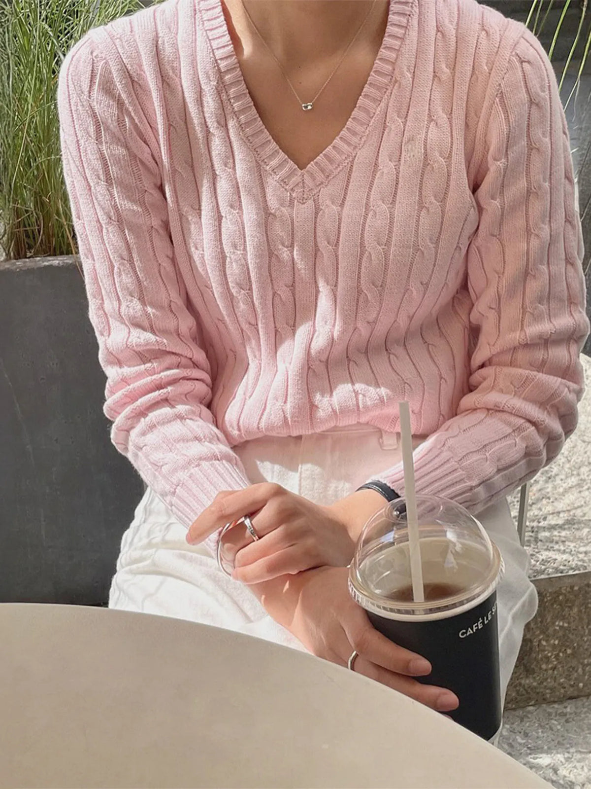 Cable Knit V-Neck Pullover Sweater by Devine – view 8