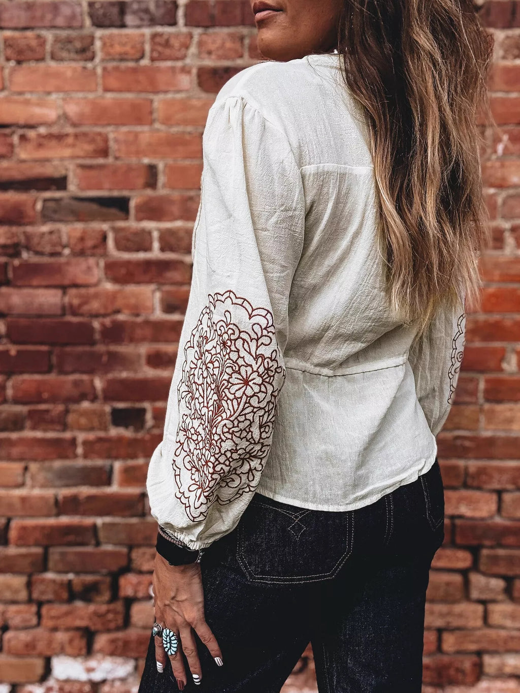 Embroidered Drawstring Waist Blouse by Ease Mee – view 4