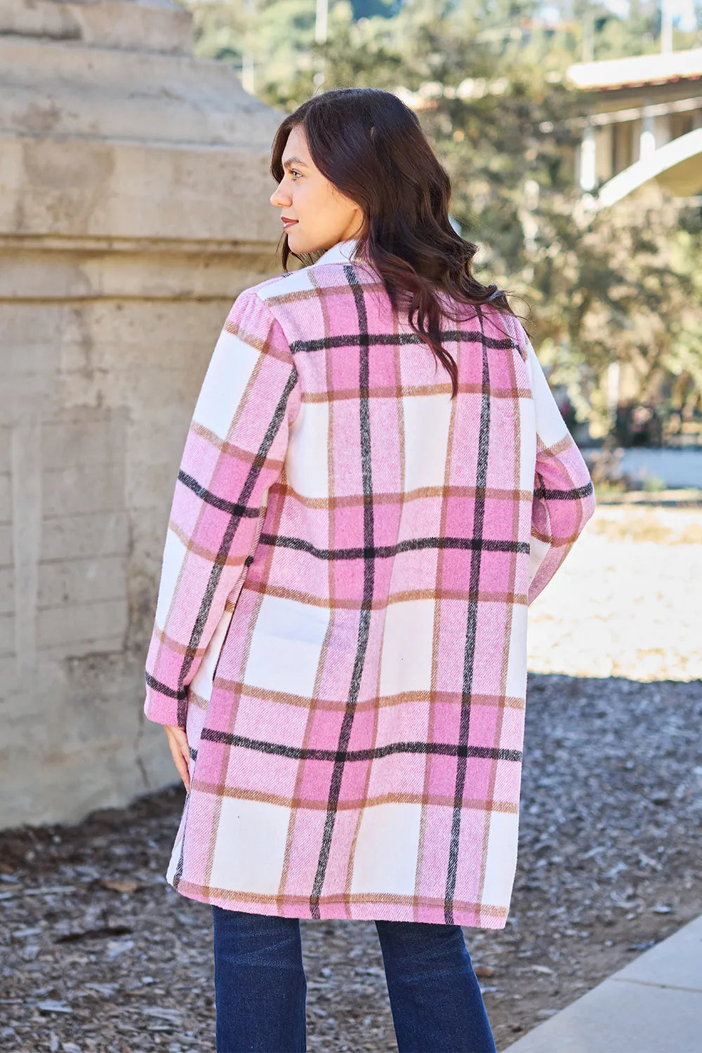 Double Take Full Size Plaid Button Up Lapel Collar Coat – view 3