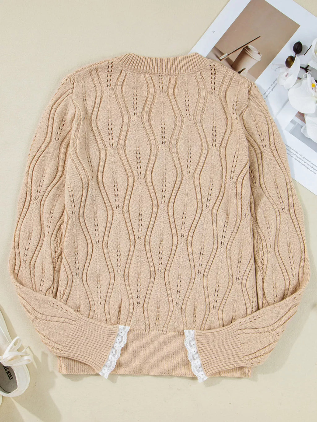 Pearl-Embellished V-Neck Pullover Sweater by SYNZ – view 12