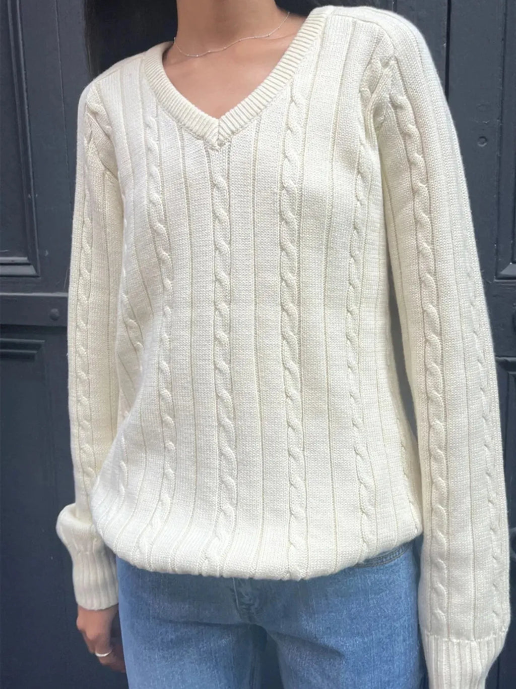Cable Knit V-Neck Pullover Sweater by Devine