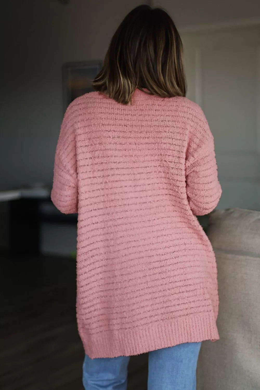 Open Front Soft Fuzzy Ribbed Sweater Cardigan by SYNZ – view 2
