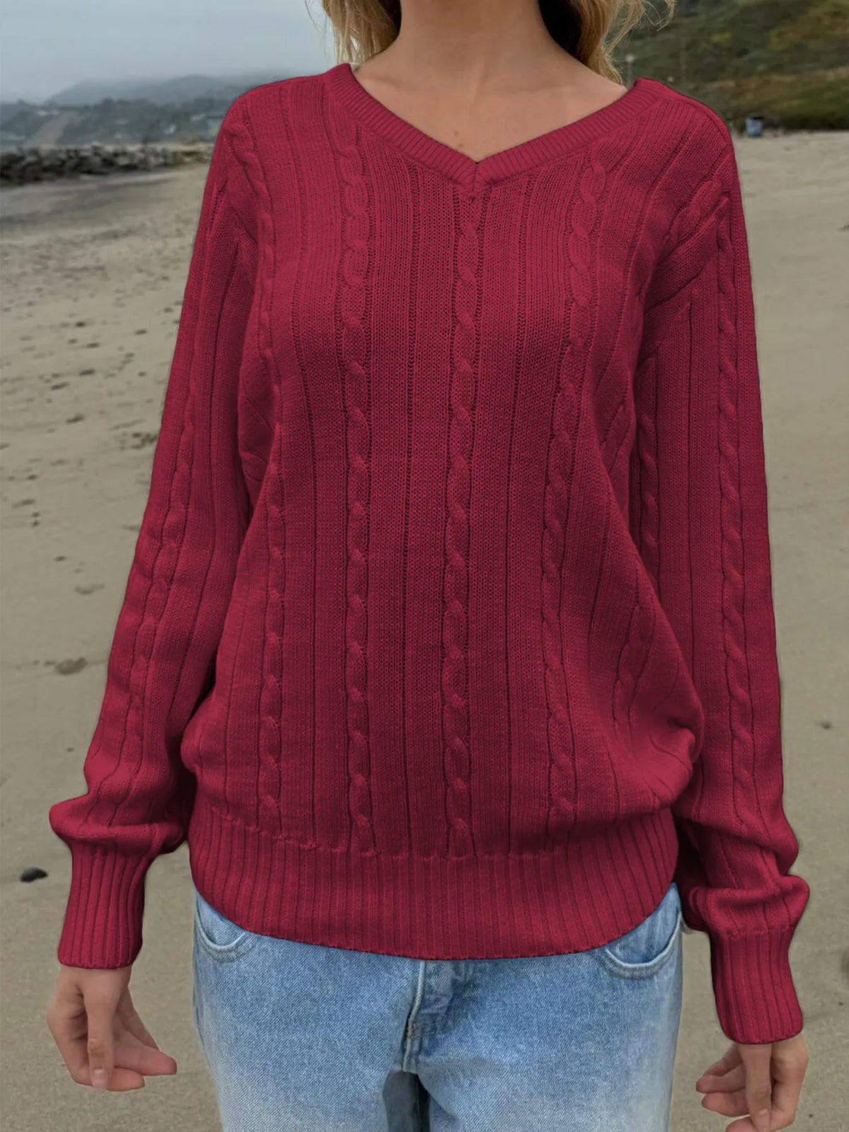 Cable Knit V-Neck Pullover Sweater by Devine – view 12