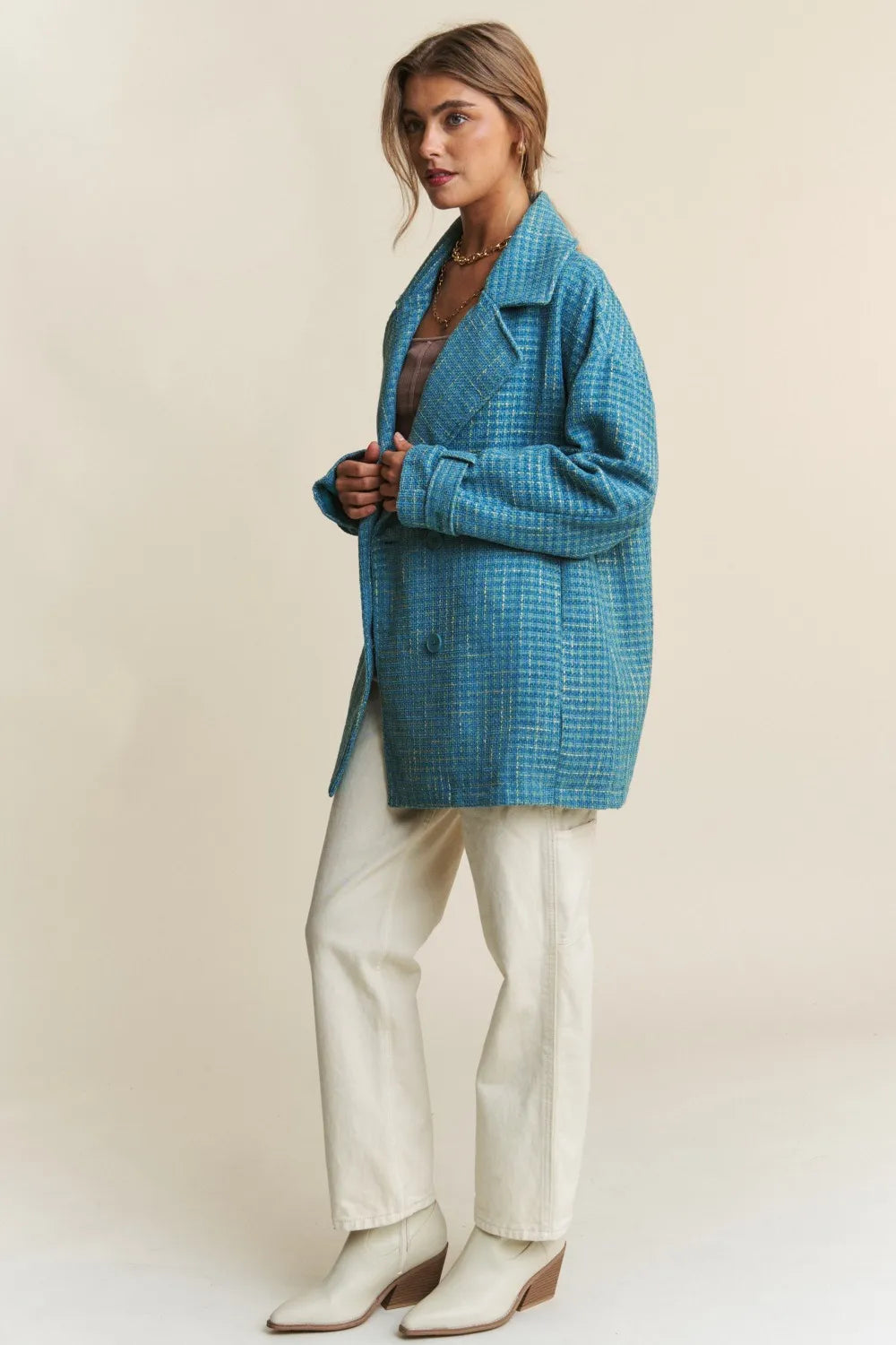 J.NNA Tweed Double-Breasted Long Sleeve Coat – view 6