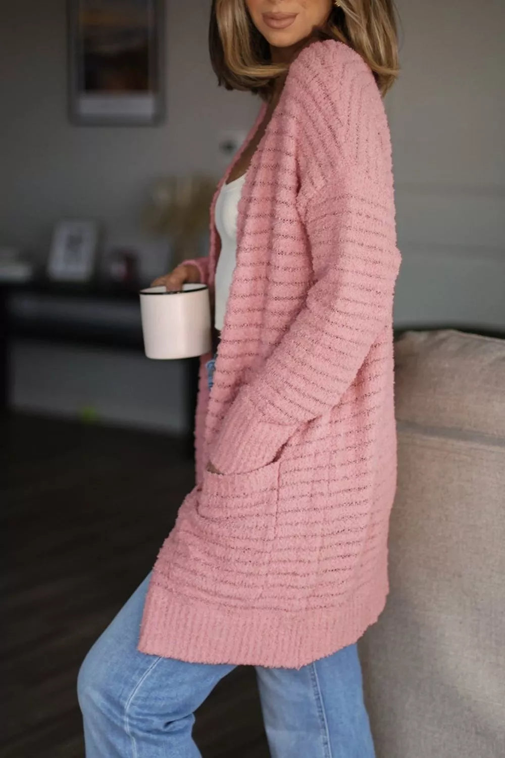 Open Front Soft Fuzzy Ribbed Sweater Cardigan by SYNZ – view 5