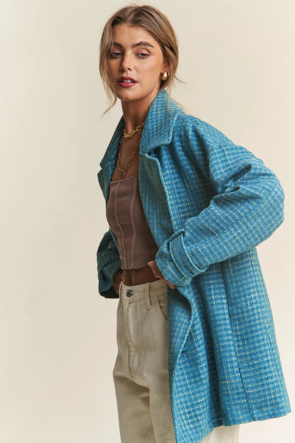 J.NNA Tweed Double-Breasted Long Sleeve Coat – view 4