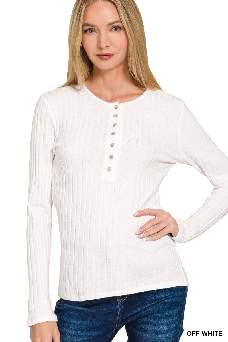 Zenana Ribbed Long Sleeve Half Button Top – view 2