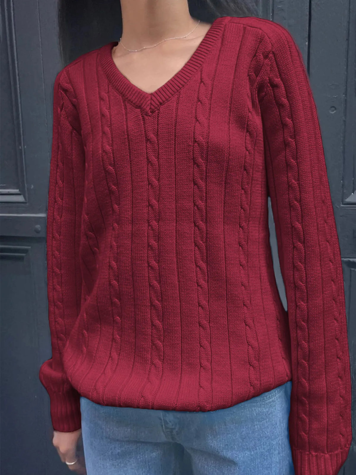 Cable Knit V-Neck Pullover Sweater by Devine – view 11