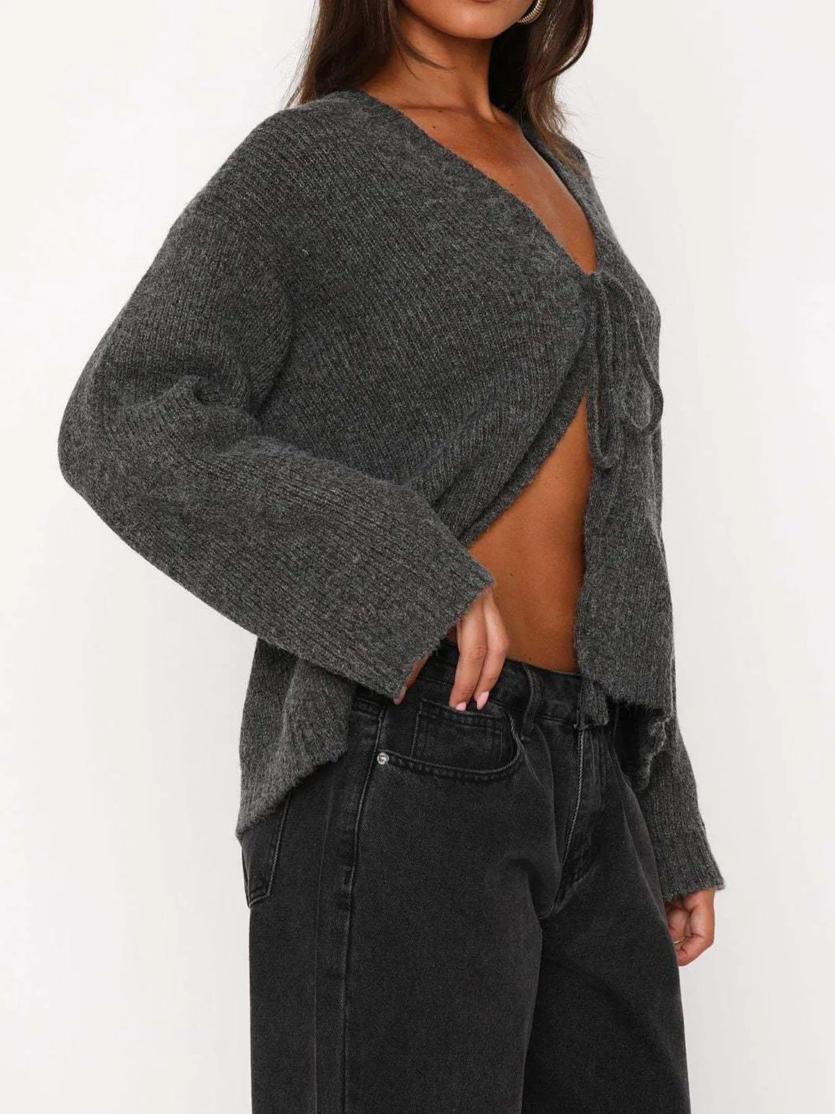 Open Front Tied Sweater Cardigan by Breezy Cloth – view 2