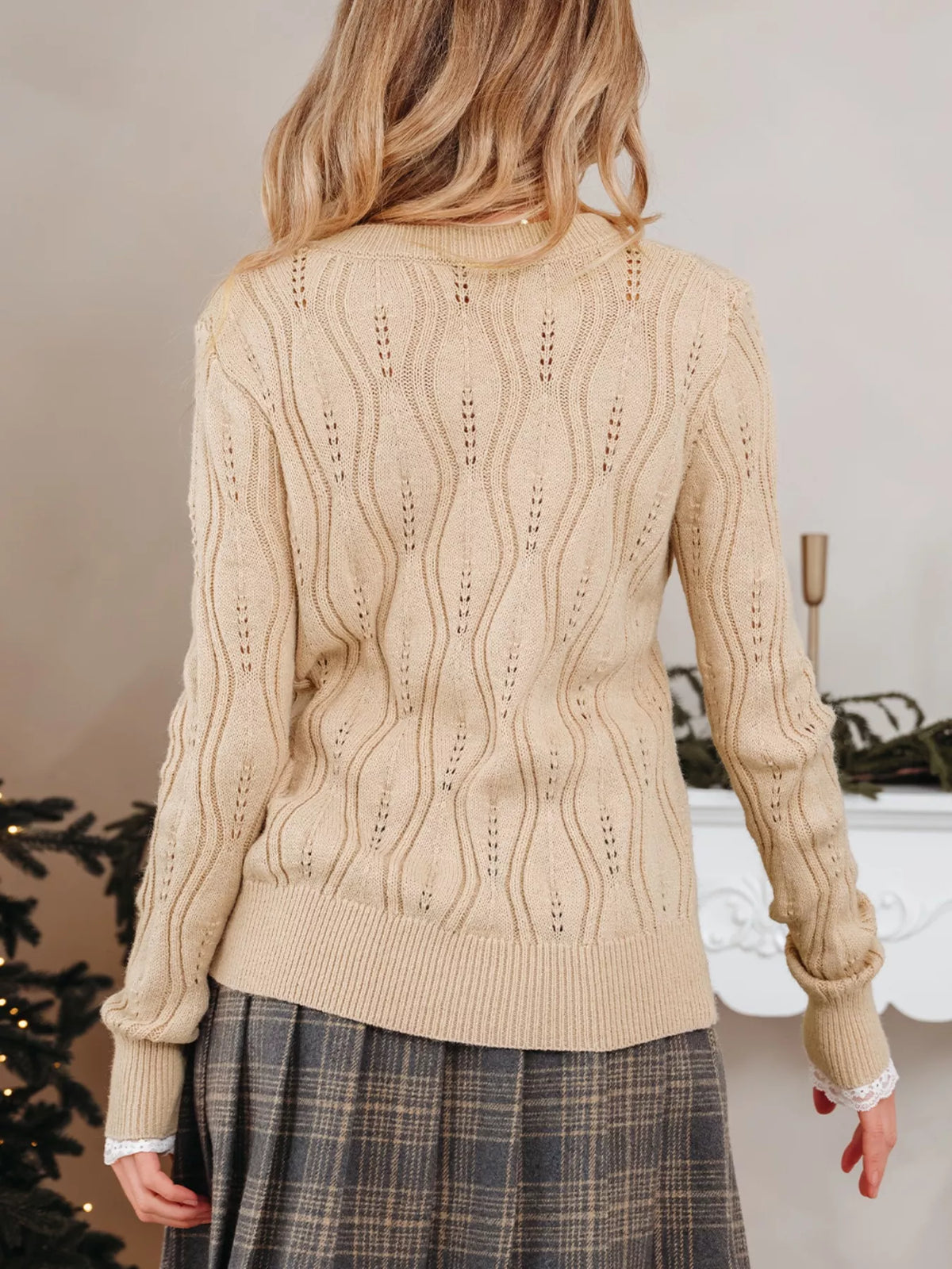 Pearl-Embellished V-Neck Pullover Sweater by SYNZ – view 2
