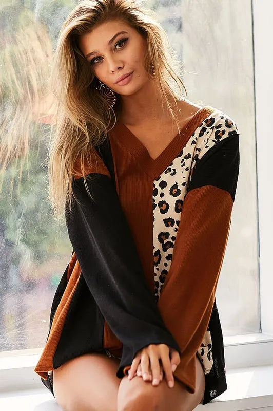 BiBi Brushed Thermal Color Block Top With Leopard – view 3