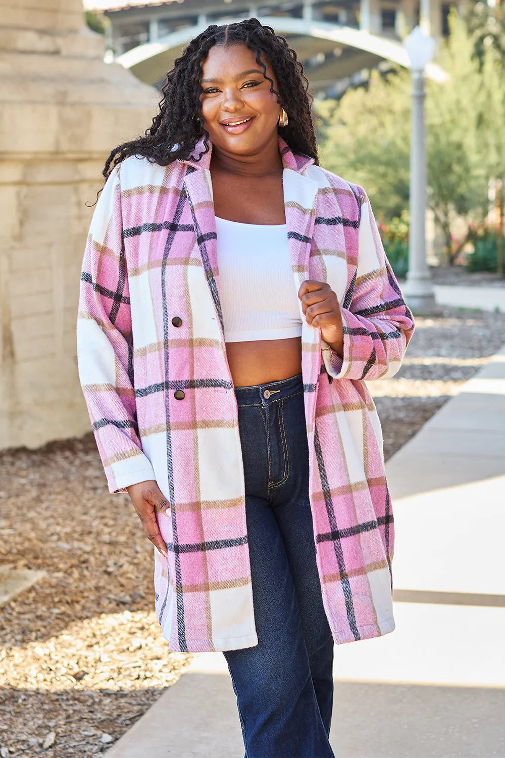 Double Take Full Size Plaid Button Up Lapel Collar Coat – view 4