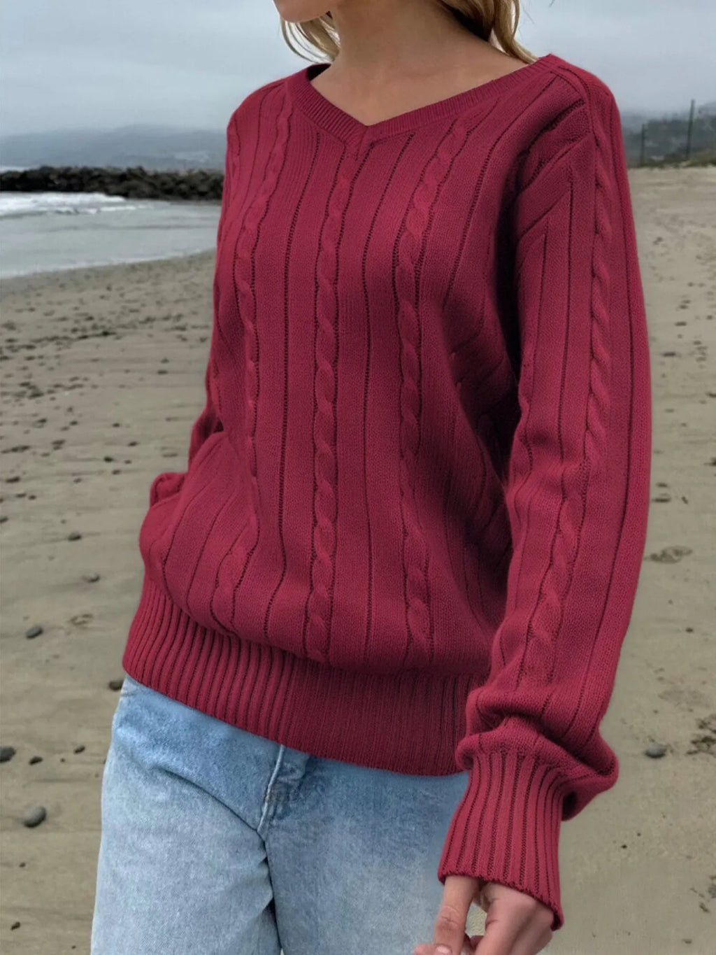 Cable Knit V-Neck Pullover Sweater by Devine – view 13