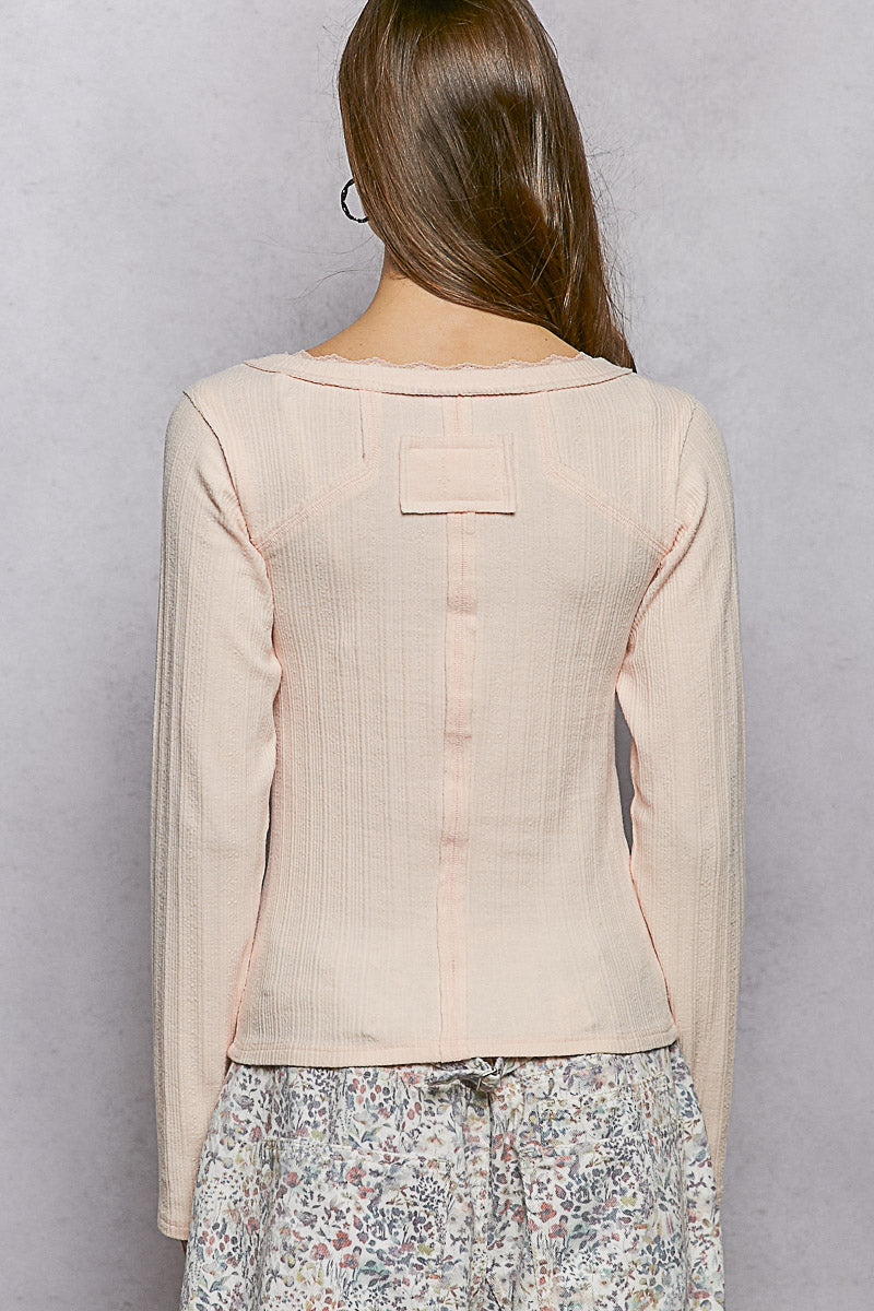 POL V-Neck Long Sleeve Ribbed Top with Lace-Accent Neckband – view 4