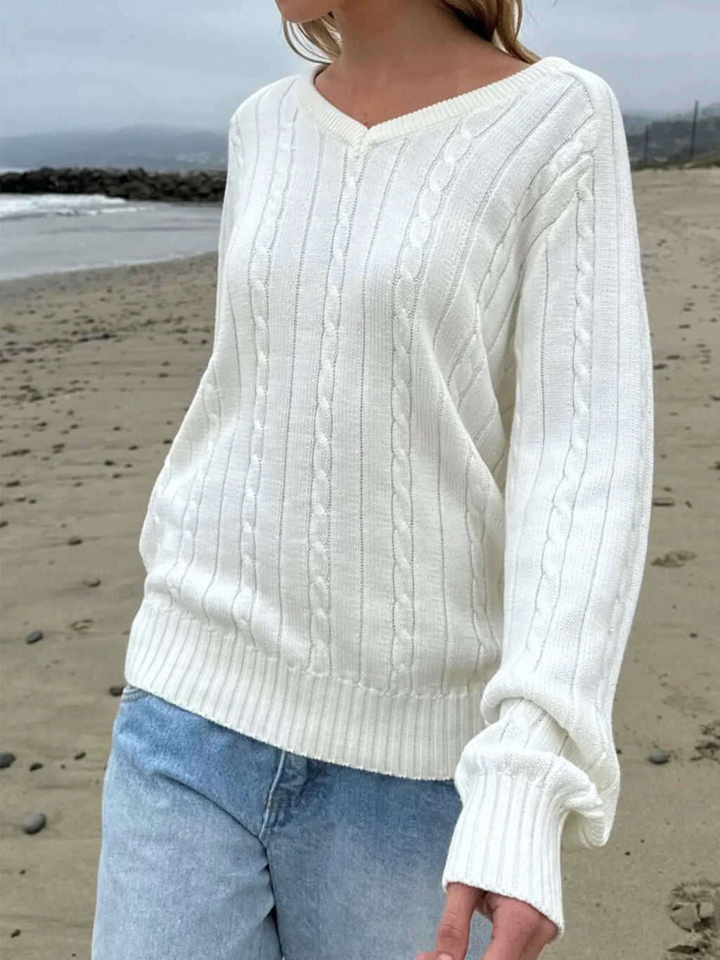 Cable Knit V-Neck Pullover Sweater by Devine – view 2