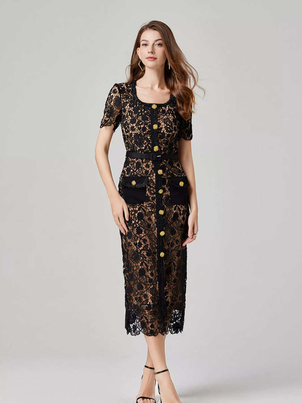 Lace Button-Up Midi Dress by Brocade
