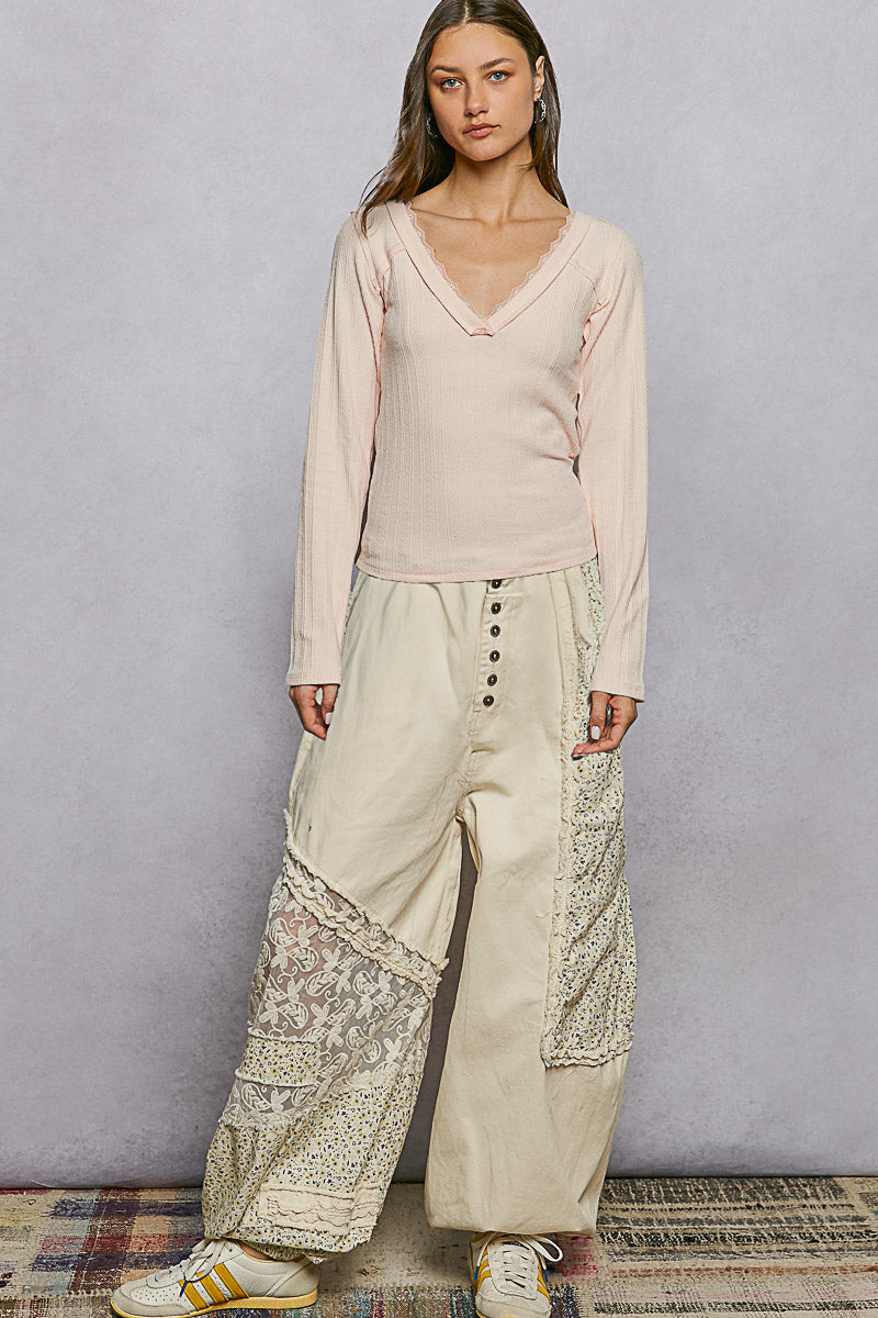 POL V-Neck Long Sleeve Ribbed Top with Lace-Accent Neckband – view 5