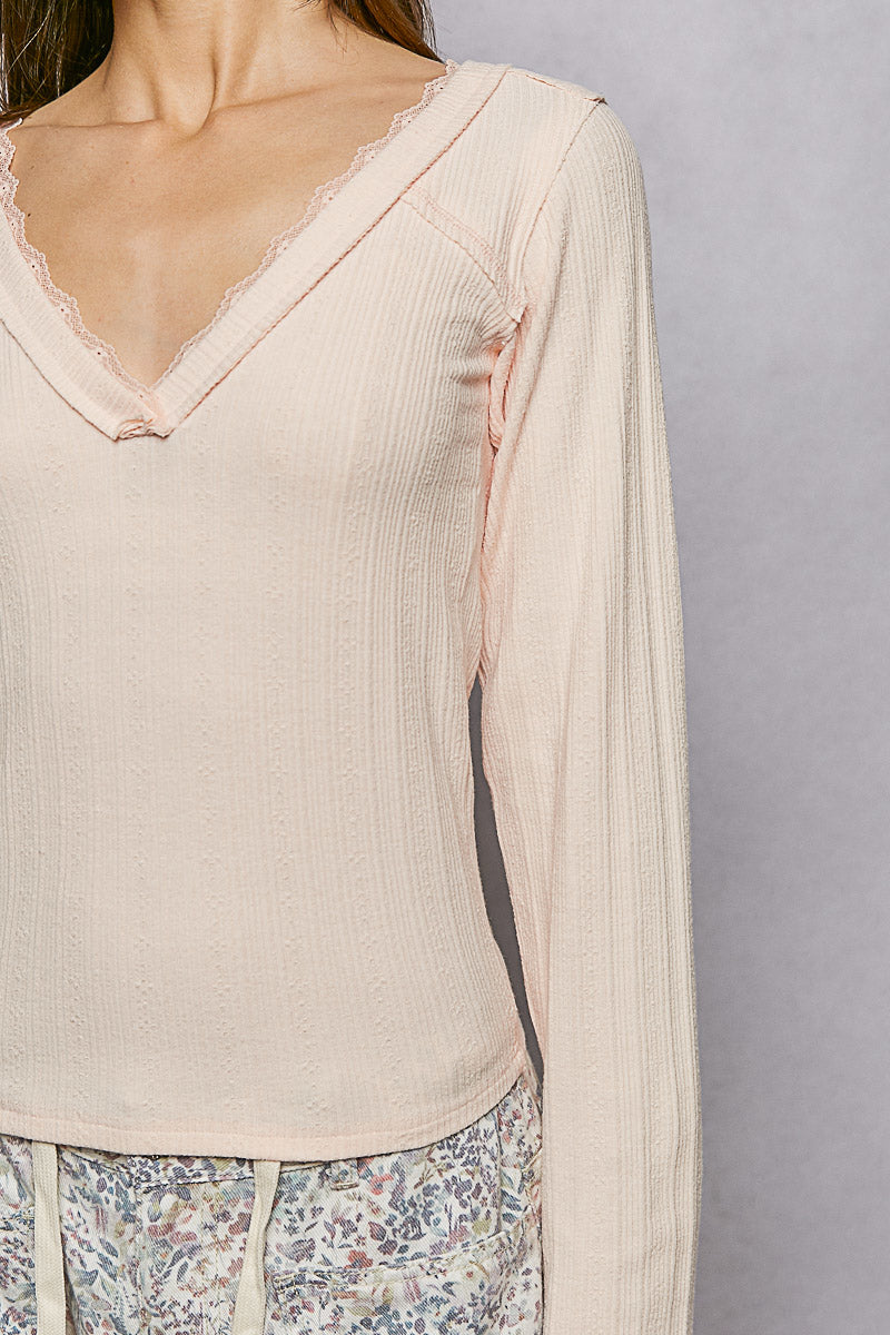 POL V-Neck Long Sleeve Ribbed Top with Lace-Accent Neckband – view 6