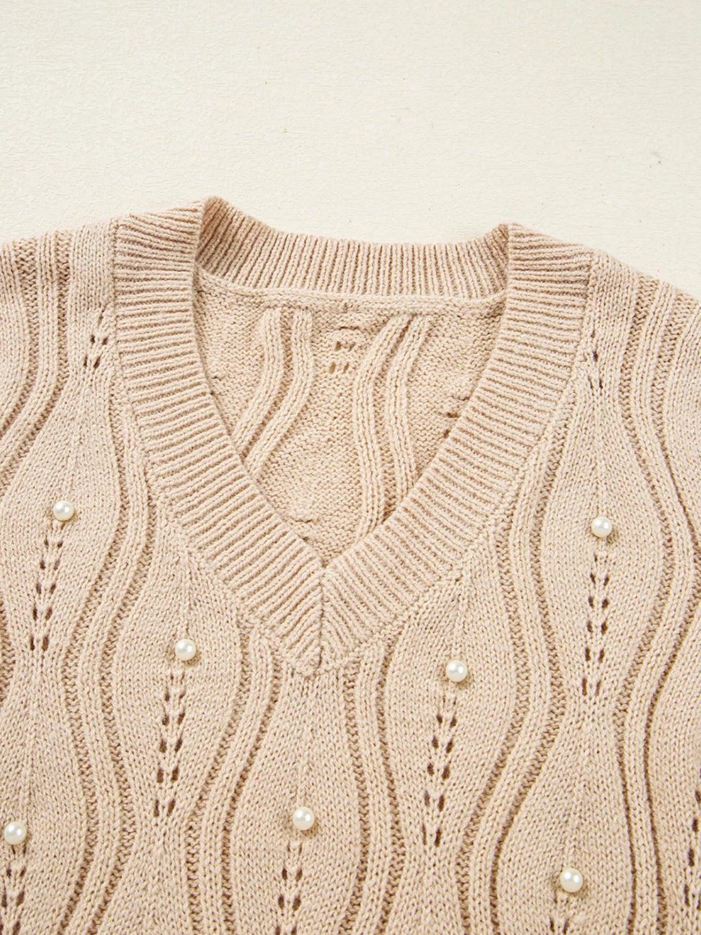 Pearl-Embellished V-Neck Pullover Sweater by SYNZ – view 13