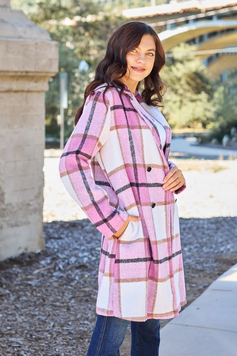 Double Take Full Size Plaid Button Up Lapel Collar Coat – view 2