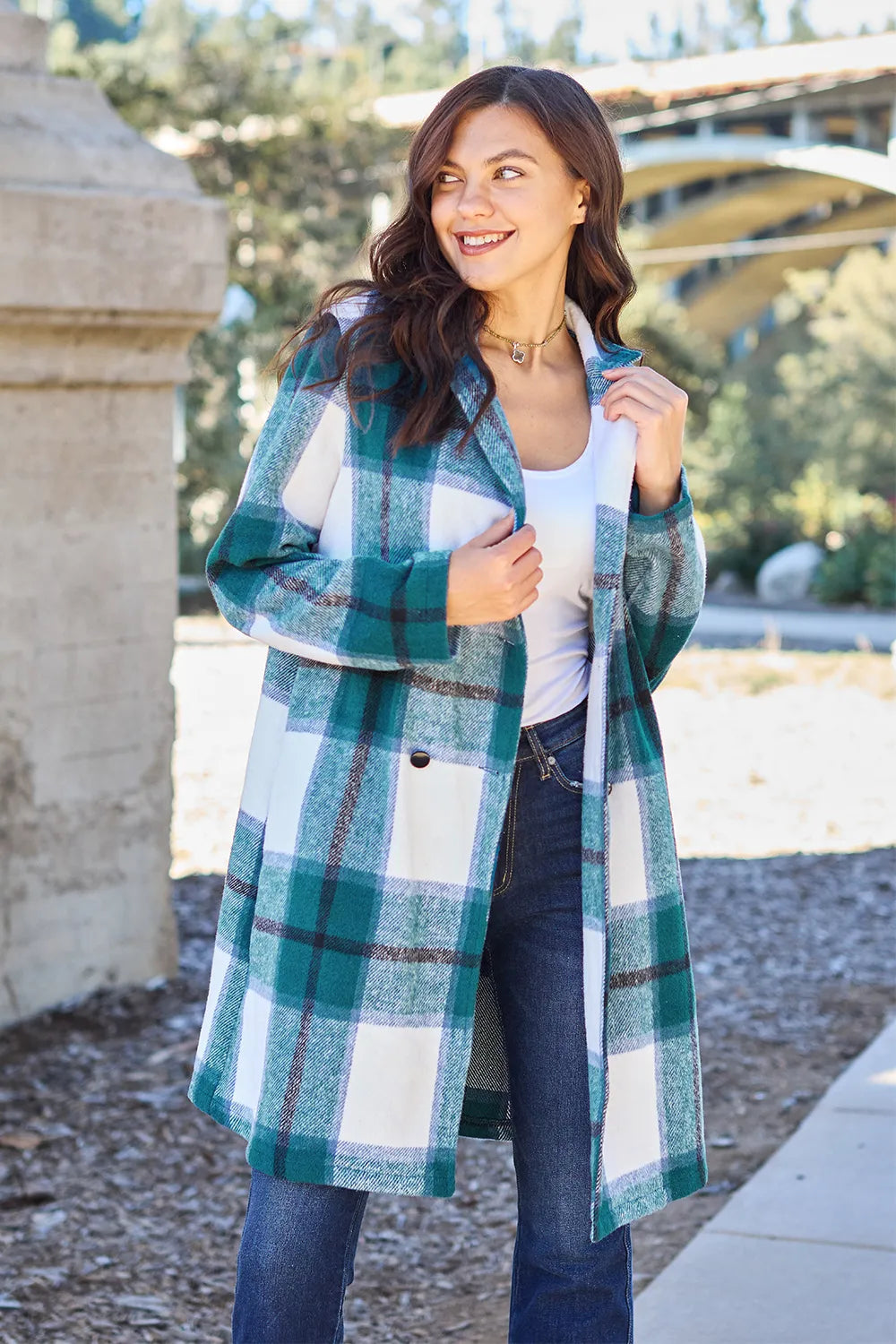 Double Take Full Size Plaid Button Up Lapel Collar Coat – view 8