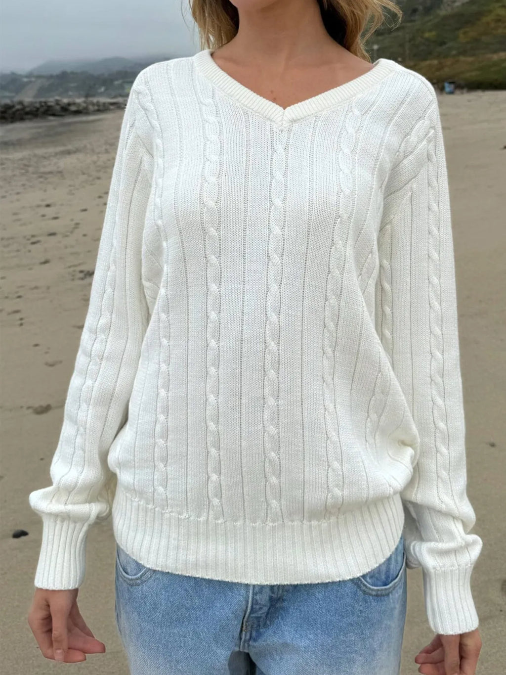 Cable Knit V-Neck Pullover Sweater by Devine – view 3