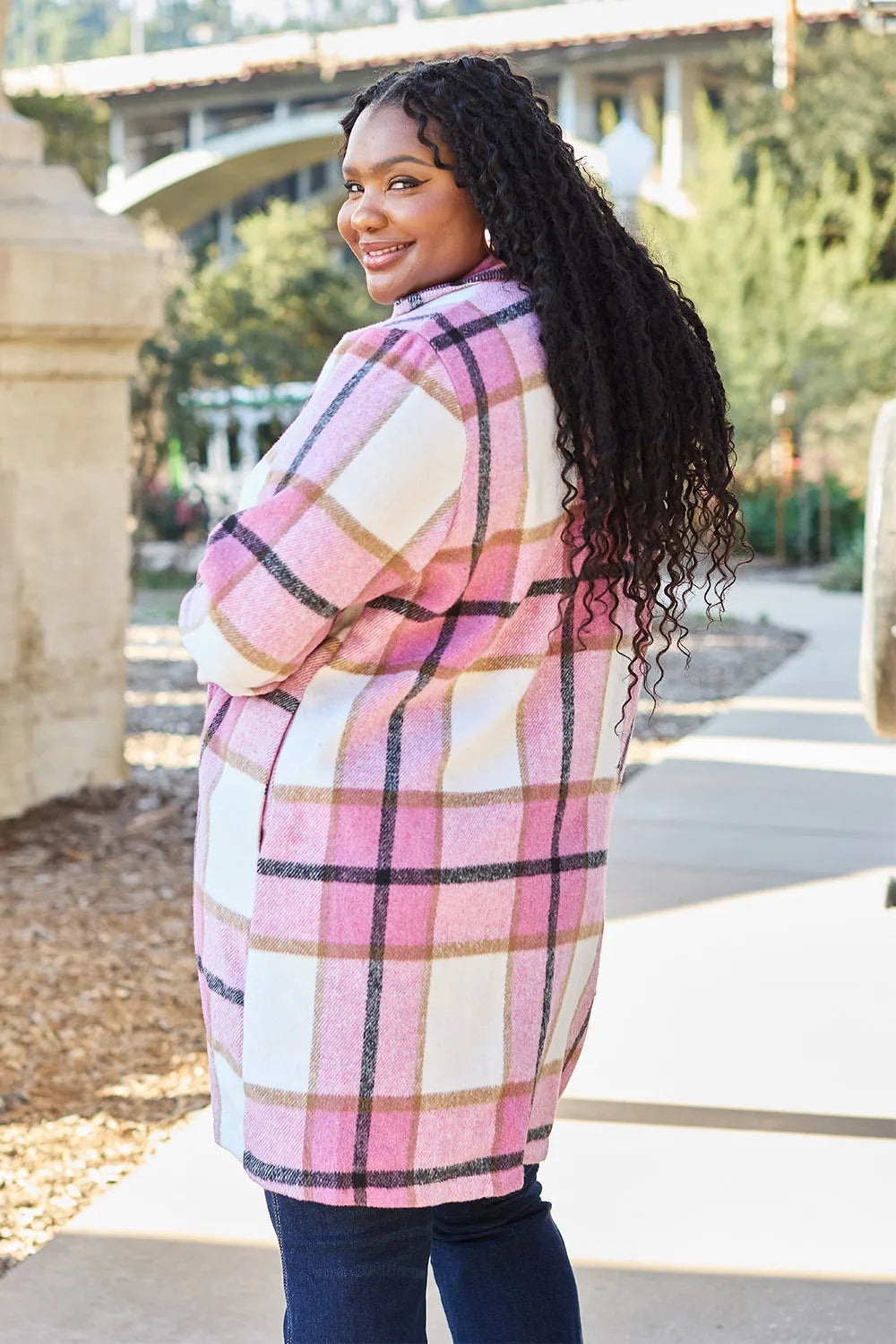 Double Take Full Size Plaid Button Up Lapel Collar Coat – view 5