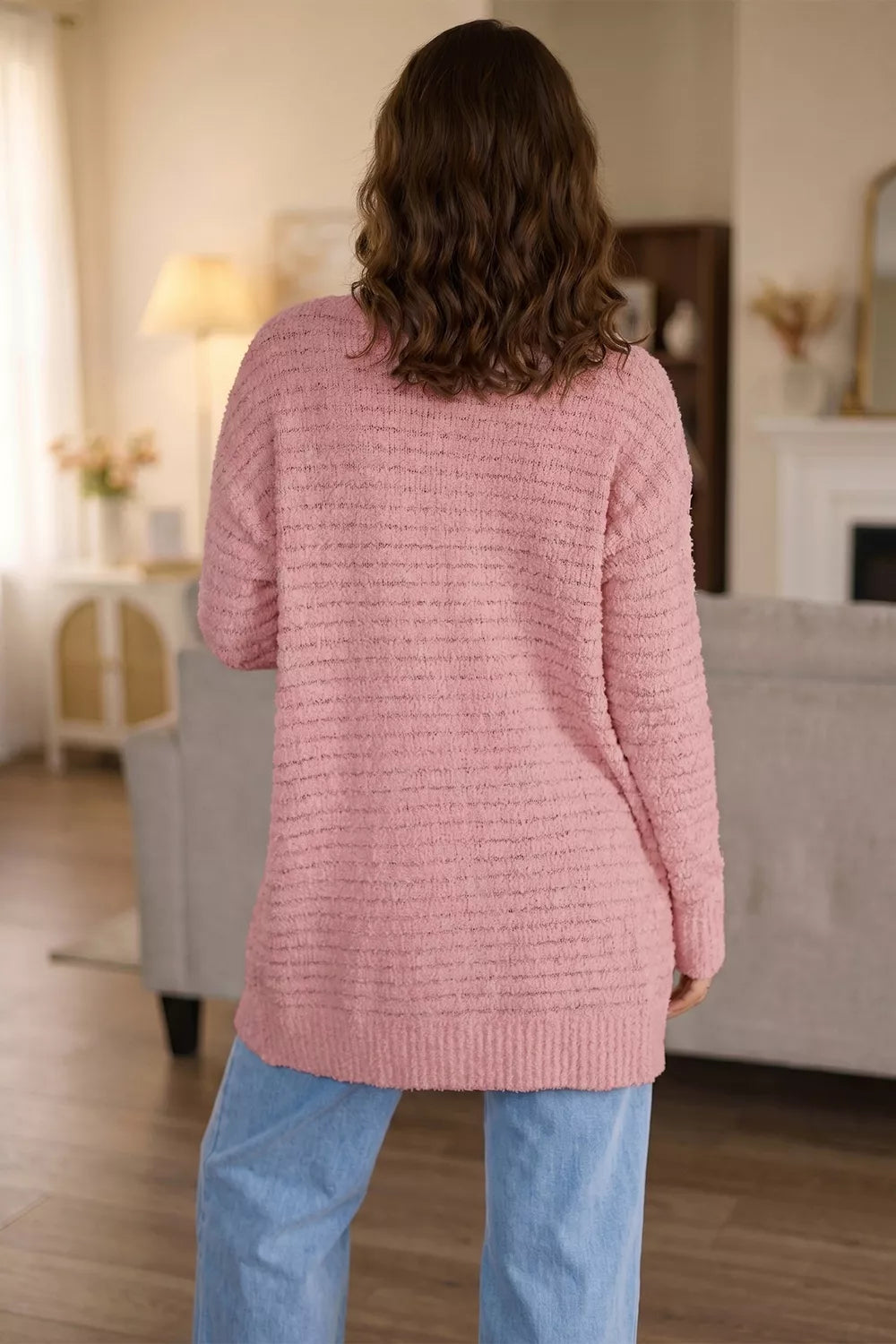 Open Front Soft Fuzzy Ribbed Sweater Cardigan by SYNZ – view 4
