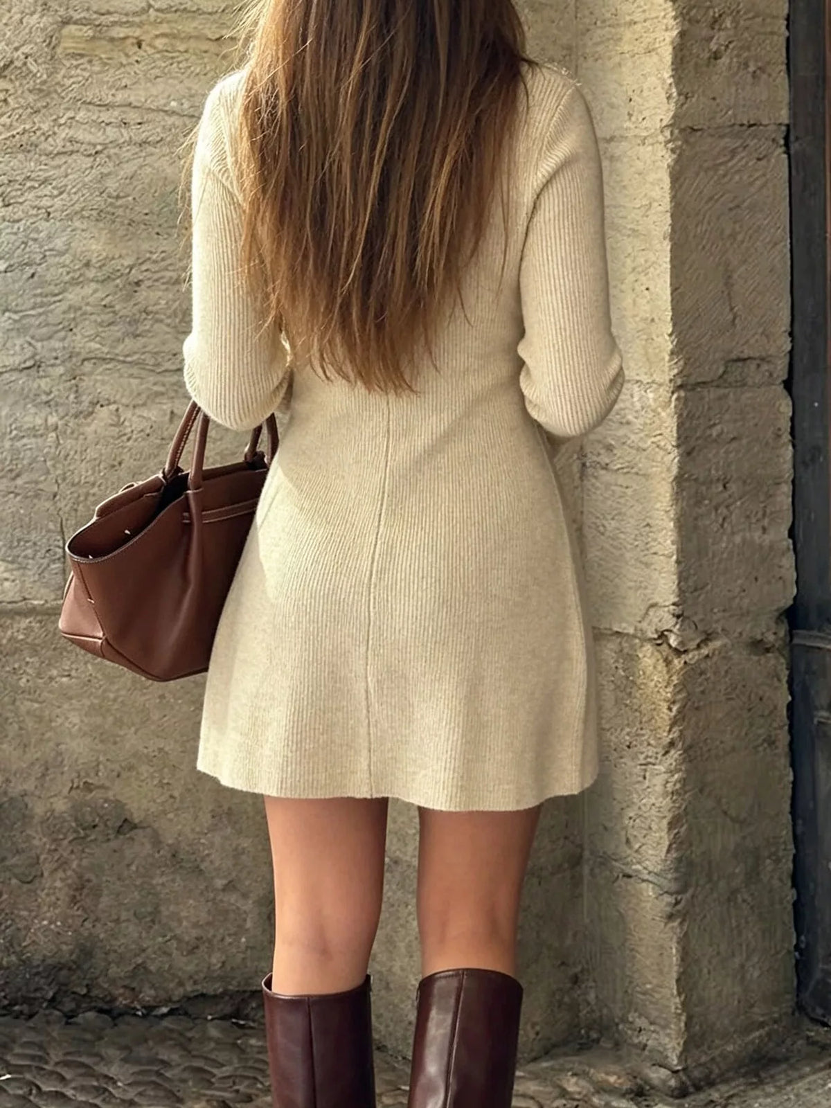 Ribbed Knit Button-Down Sweater Dress by Devine – view 5