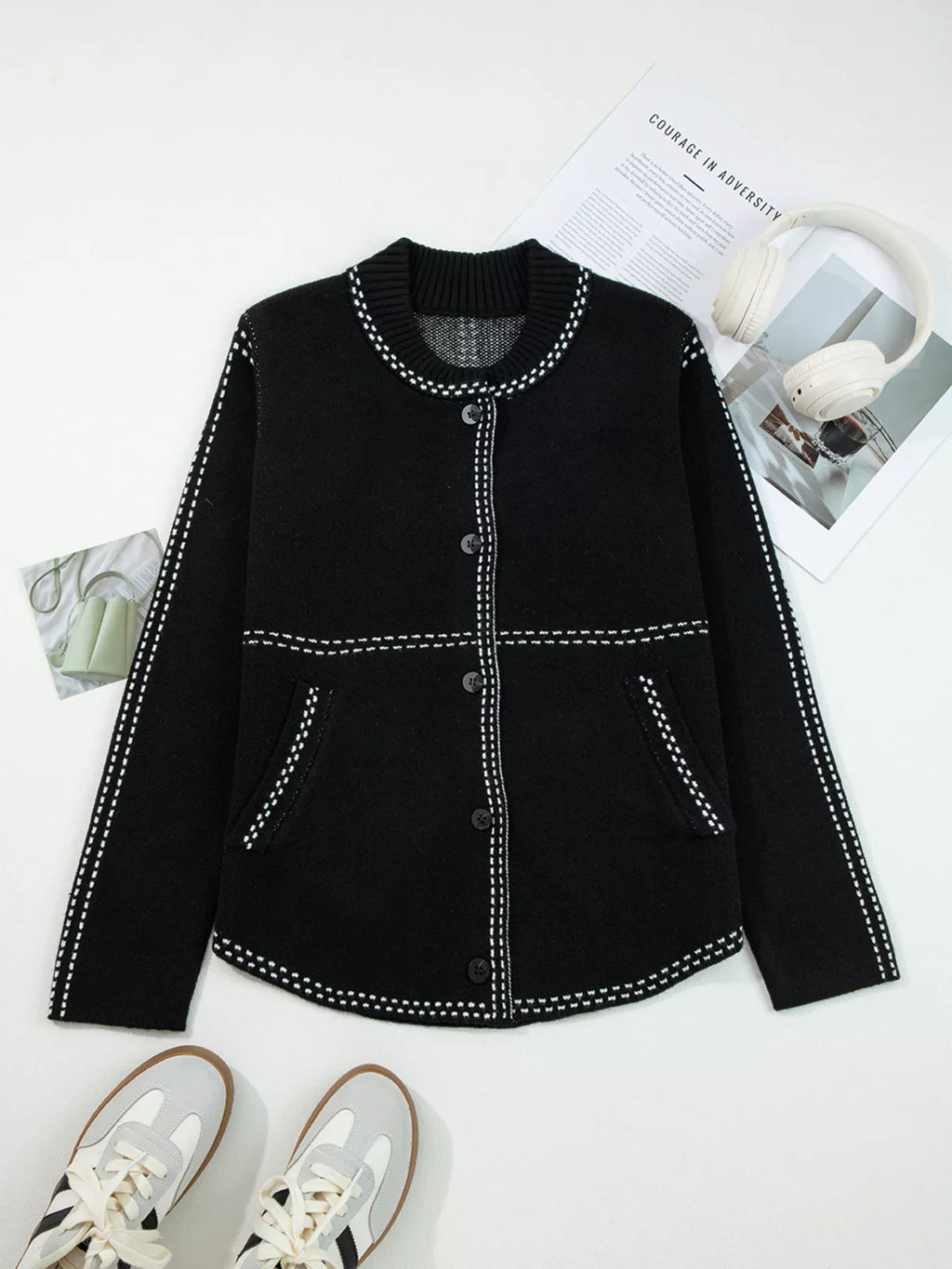 Contrast Trim Button up Sweater Cardigan by SYNZ – view 4