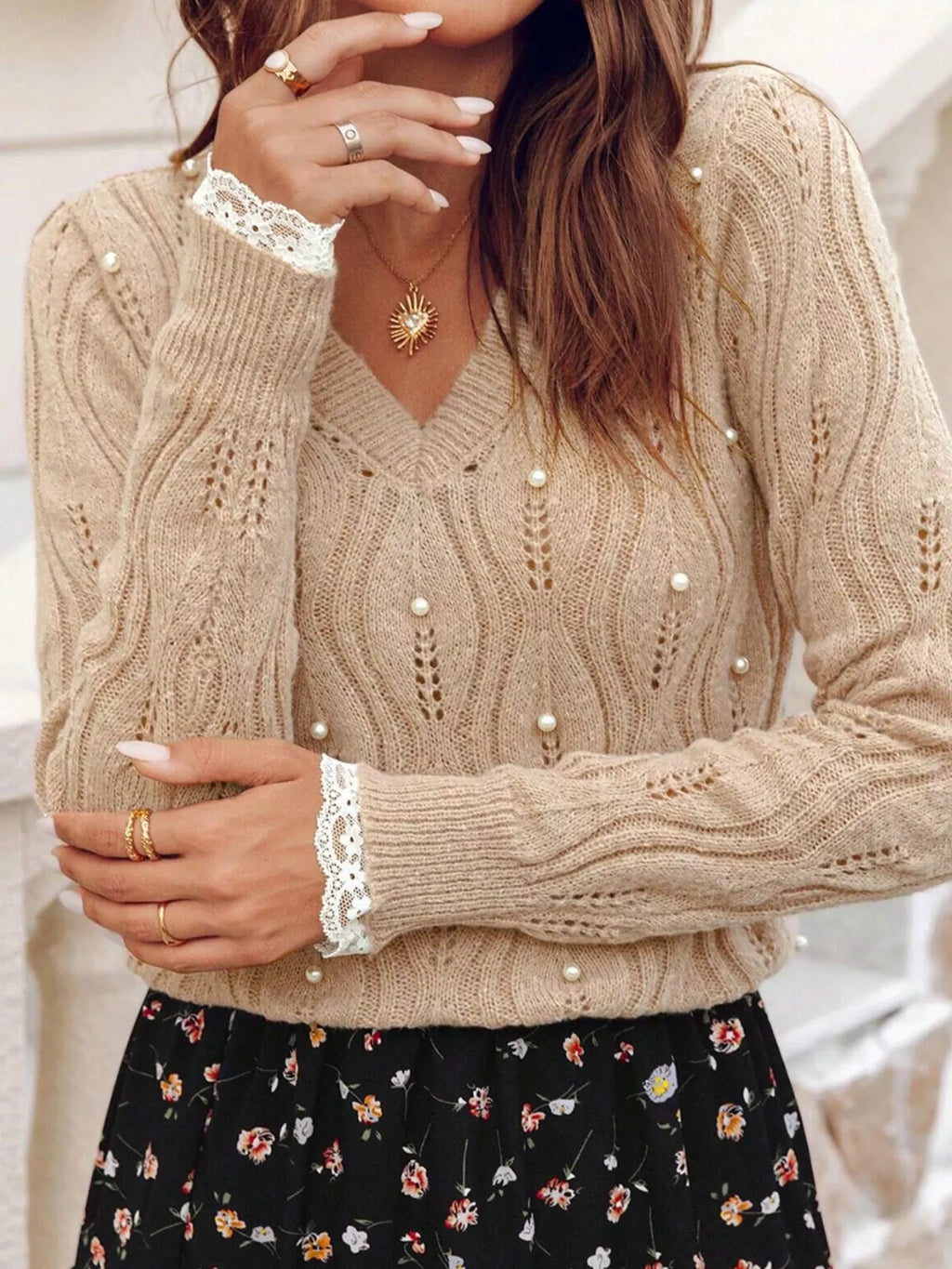 Pearl-Embellished V-Neck Pullover Sweater by SYNZ – view 9