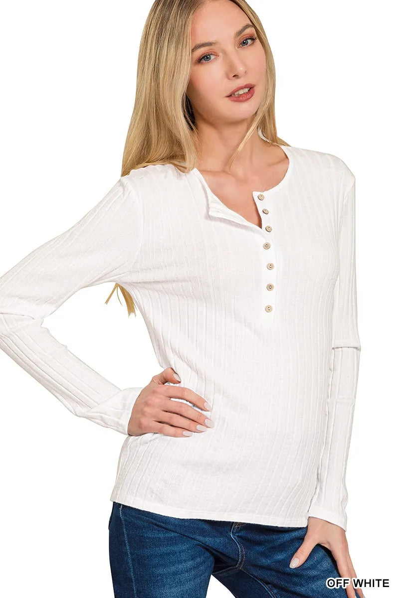 Zenana Ribbed Long Sleeve Half Button Top