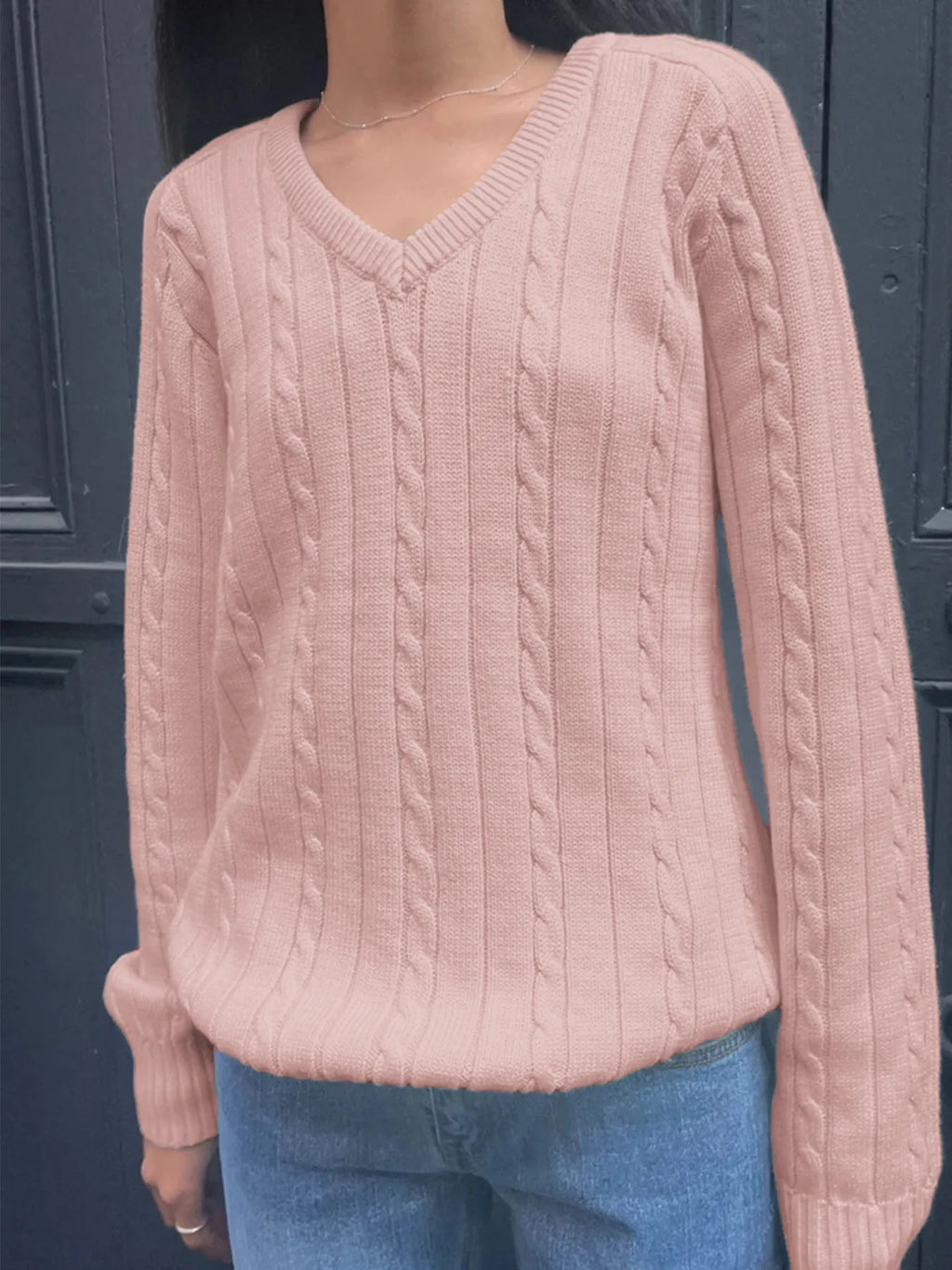 Cable Knit V-Neck Pullover Sweater by Devine – view 9