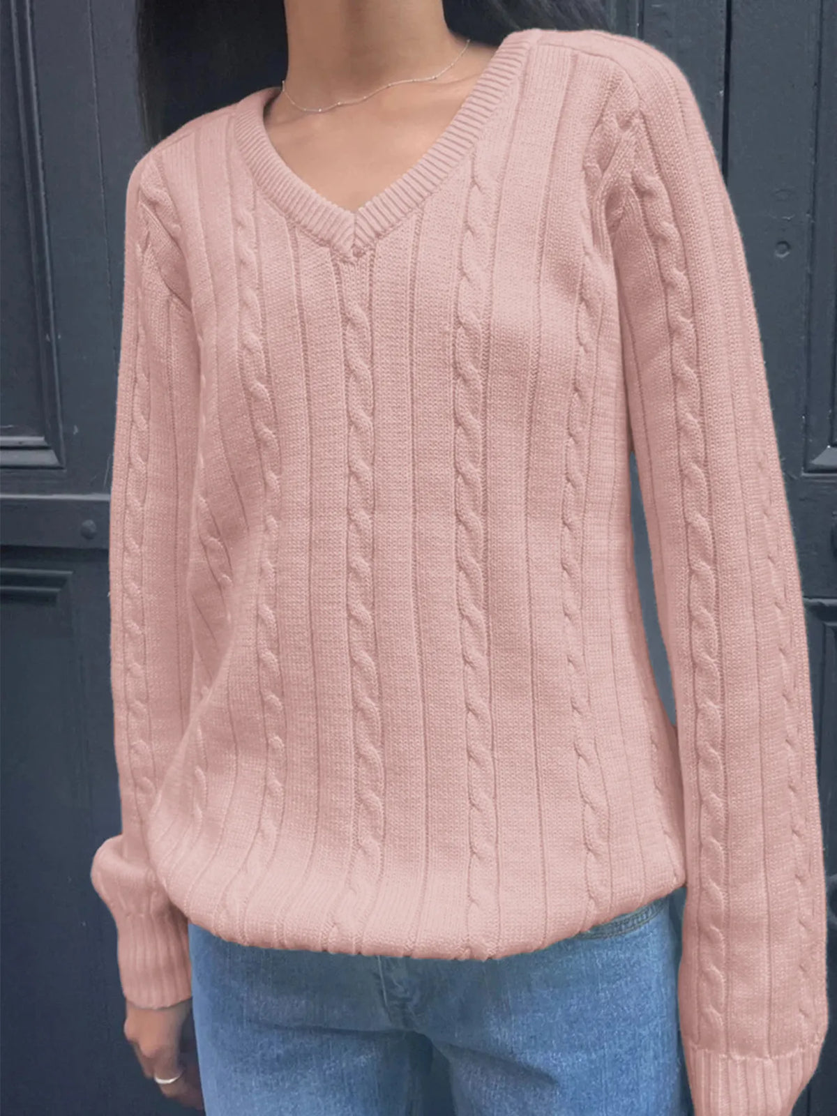 Cable Knit V-Neck Pullover Sweater by Devine – view 9