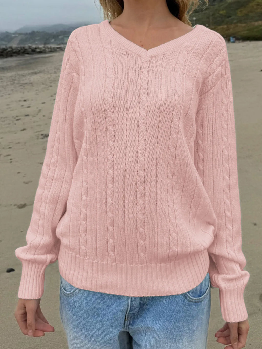 Cable Knit V-Neck Pullover Sweater by Devine – view 10