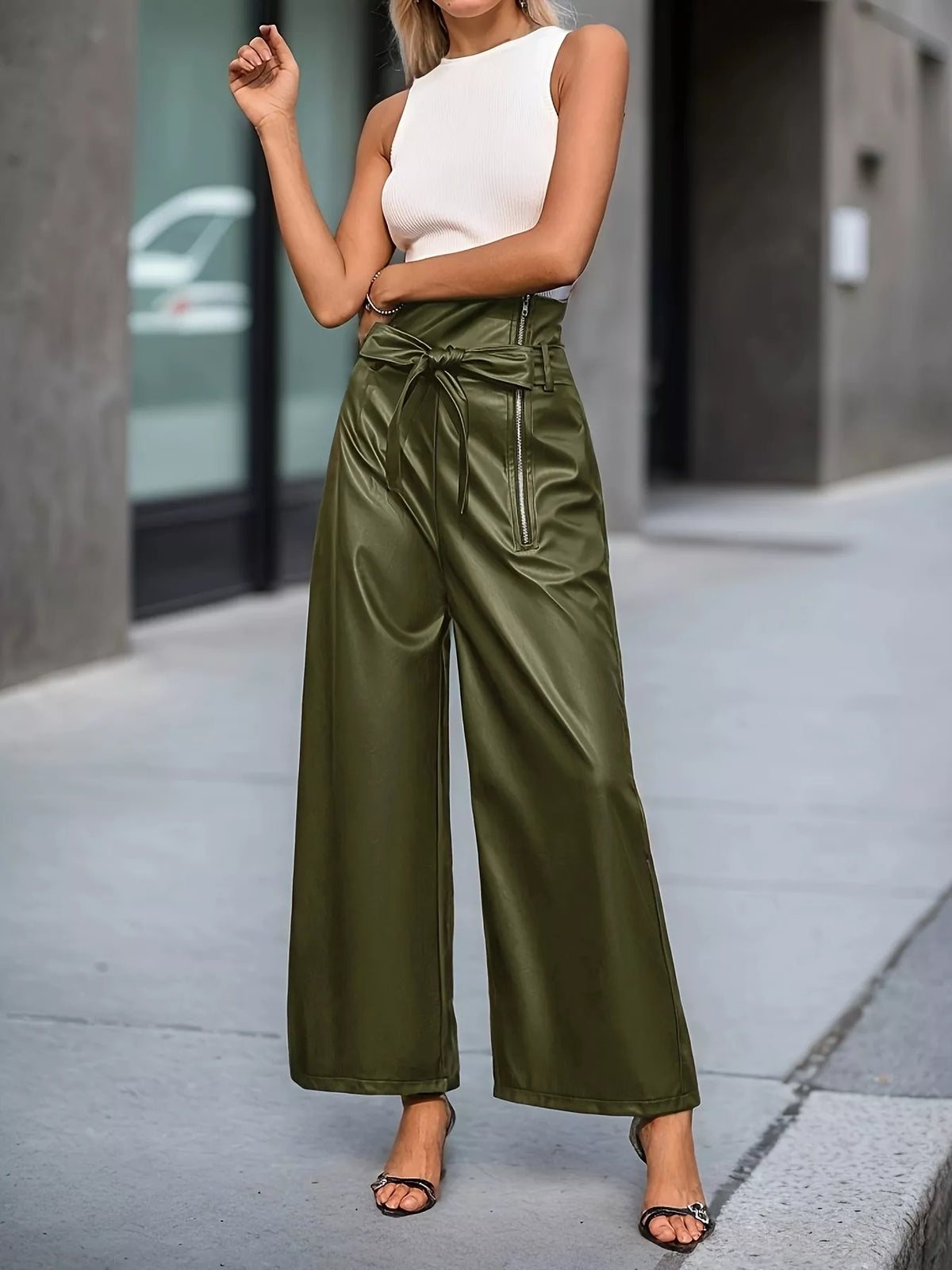 High-Waisted Faux Leather Wide-Leg Pants with Tie-Waist and Zipper Detail by Hypea – view 3