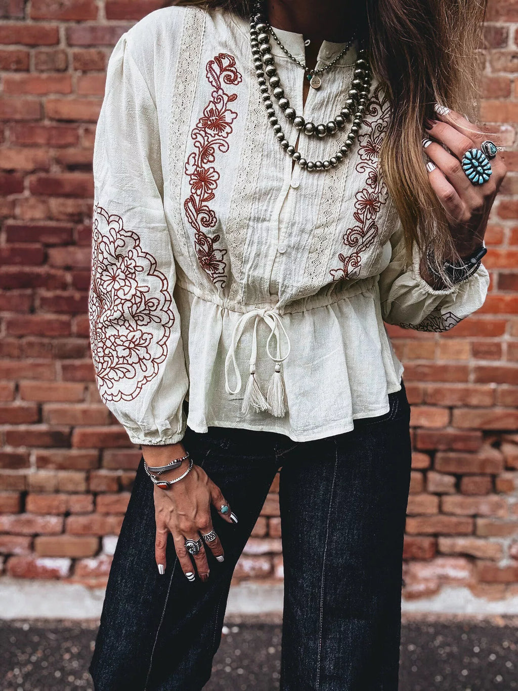 Embroidered Drawstring Waist Blouse by Ease Mee – view 2